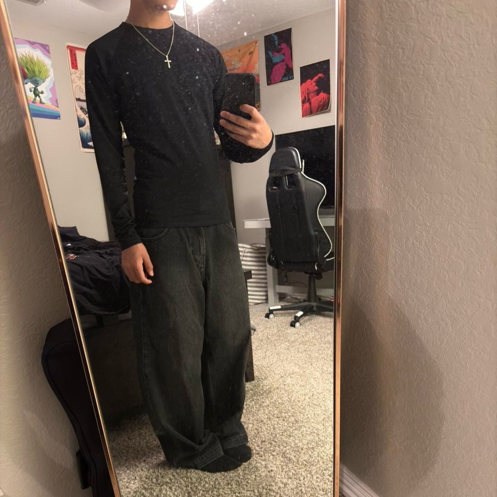 Black Long Sleeve Shirt and Dark Jeans